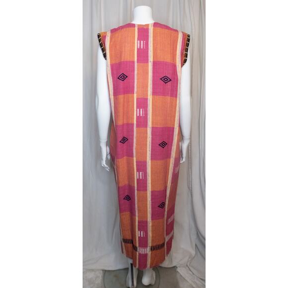 VINTAGE '70s Hand Woven Embroidered Pink & Orange Kaftan Tunic Dress ONE SIZE - Picture 8 of 16